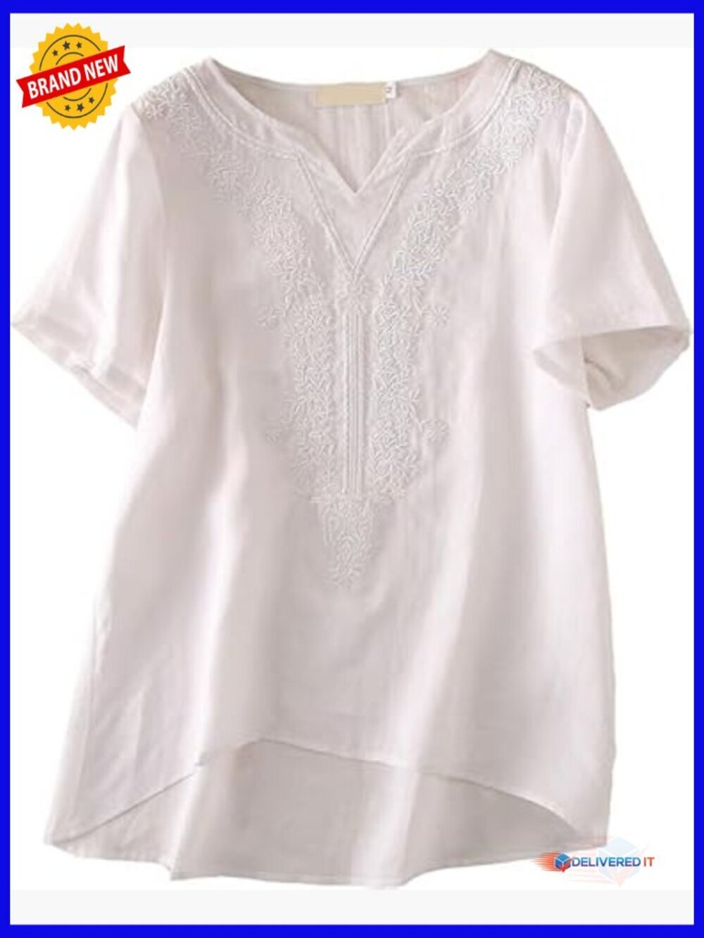 Linen Tunic Top V-Neck Short Sleeve Embroidered Boho Blouse Summer